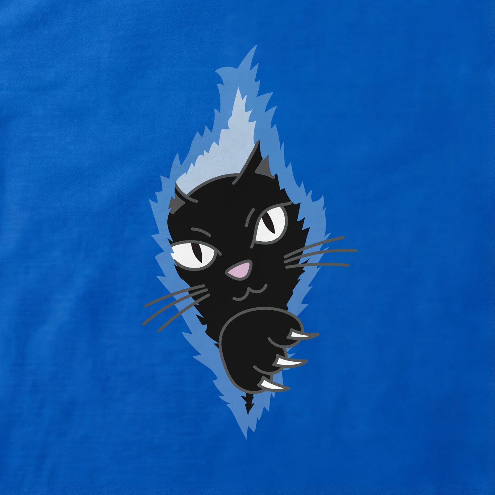 Black Cat Tearing Through T-Shirt print detail in Royal