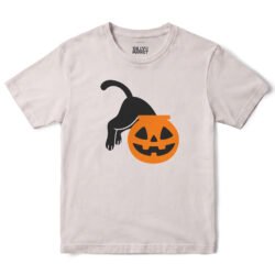 Cat Inspecting Jack-O'-Lantern T-Shirt in Ice Grey