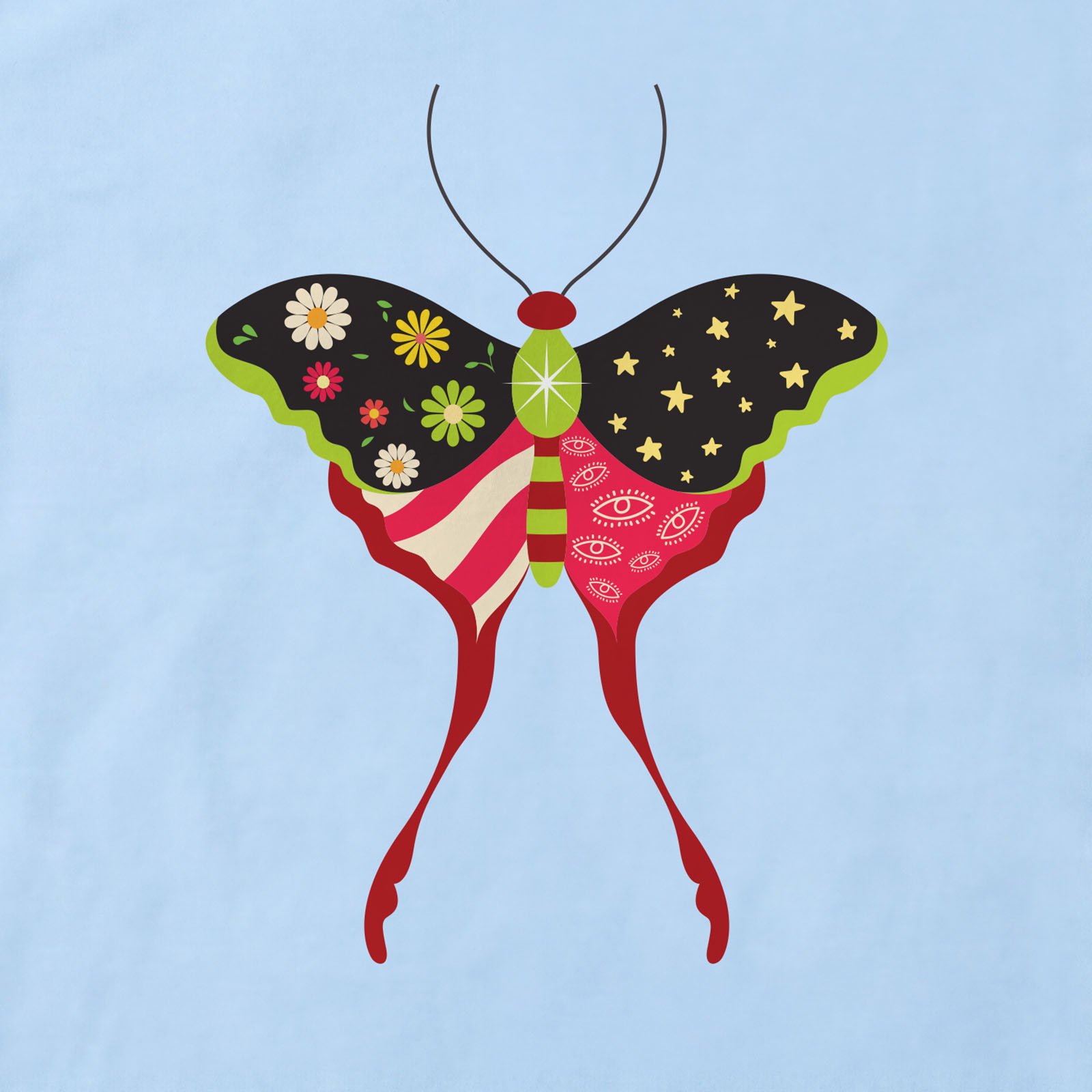 Colorful Moth T-Shirt print detail in Light Blue