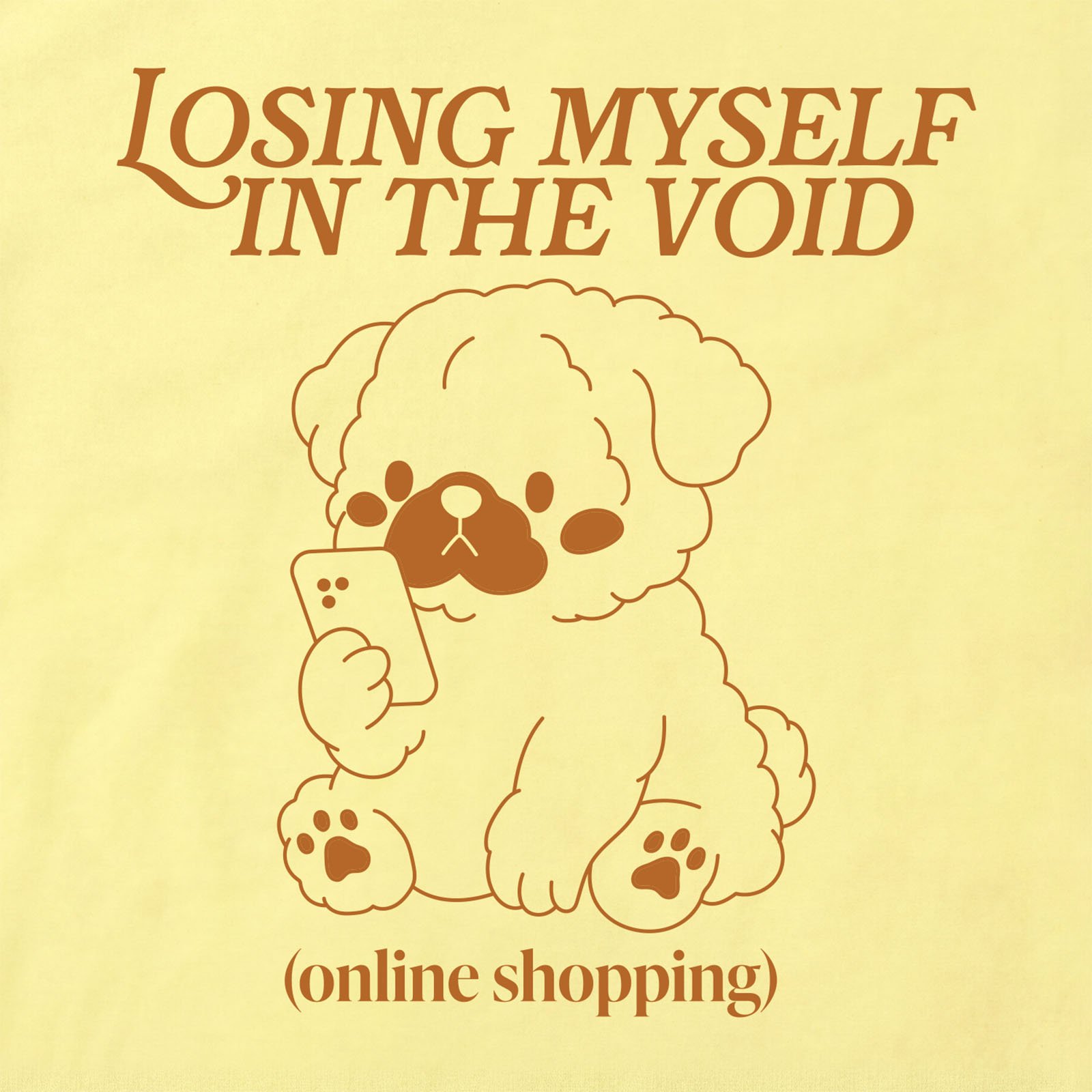 Losing Myself In The Void Puppy T-Shirt print detail in Cornsilk