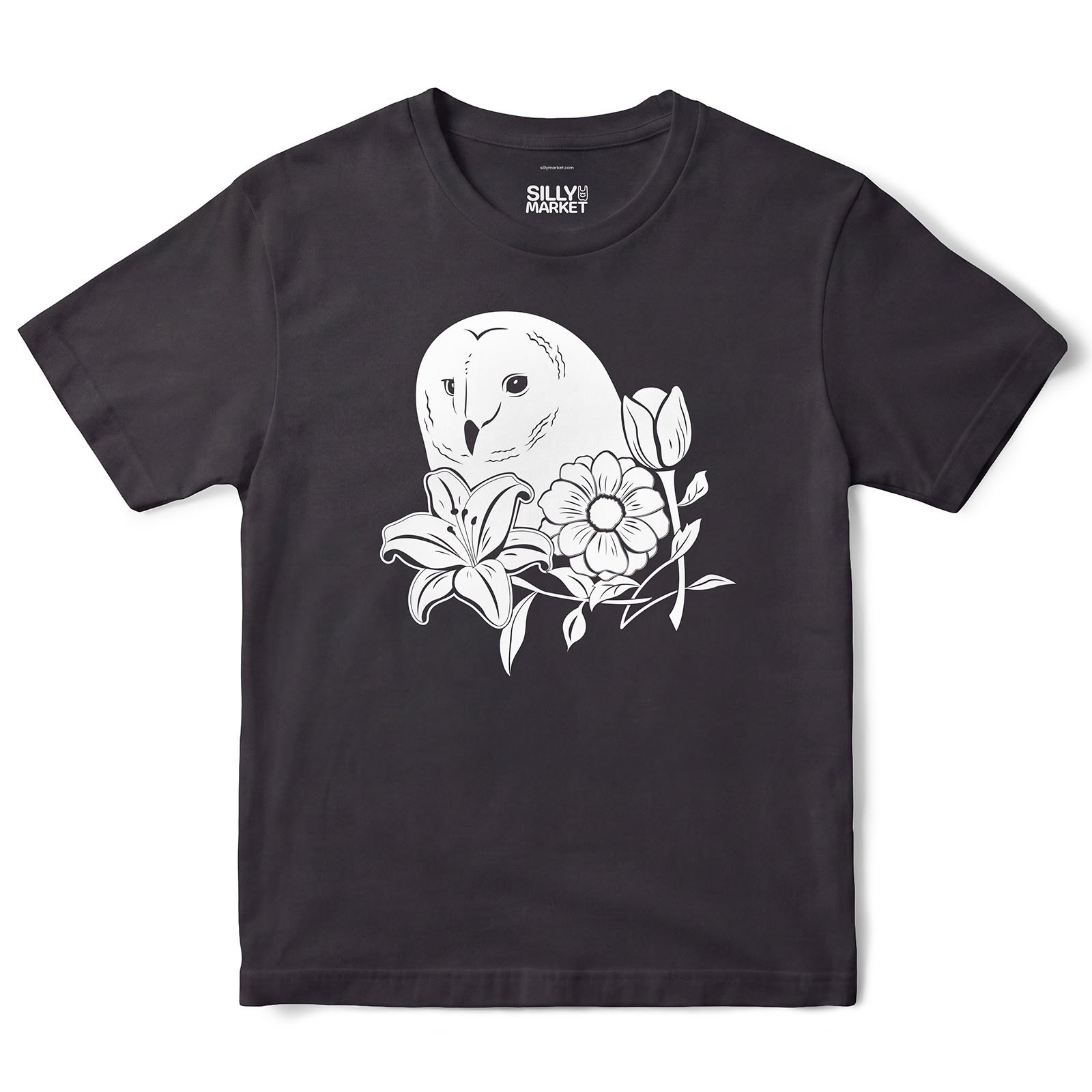 Owl And Flowers T-Shirt in Black