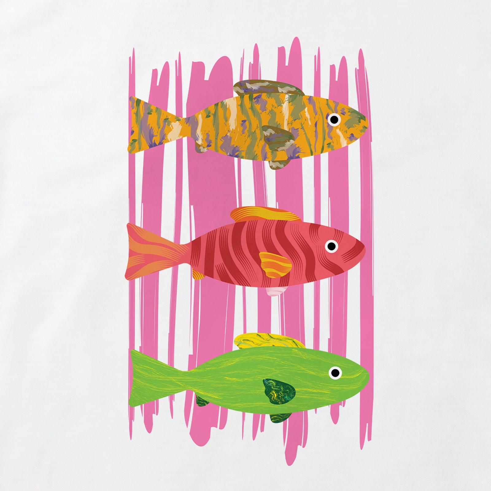 Pink Stripes And Fishes T-Shirt print detail in White