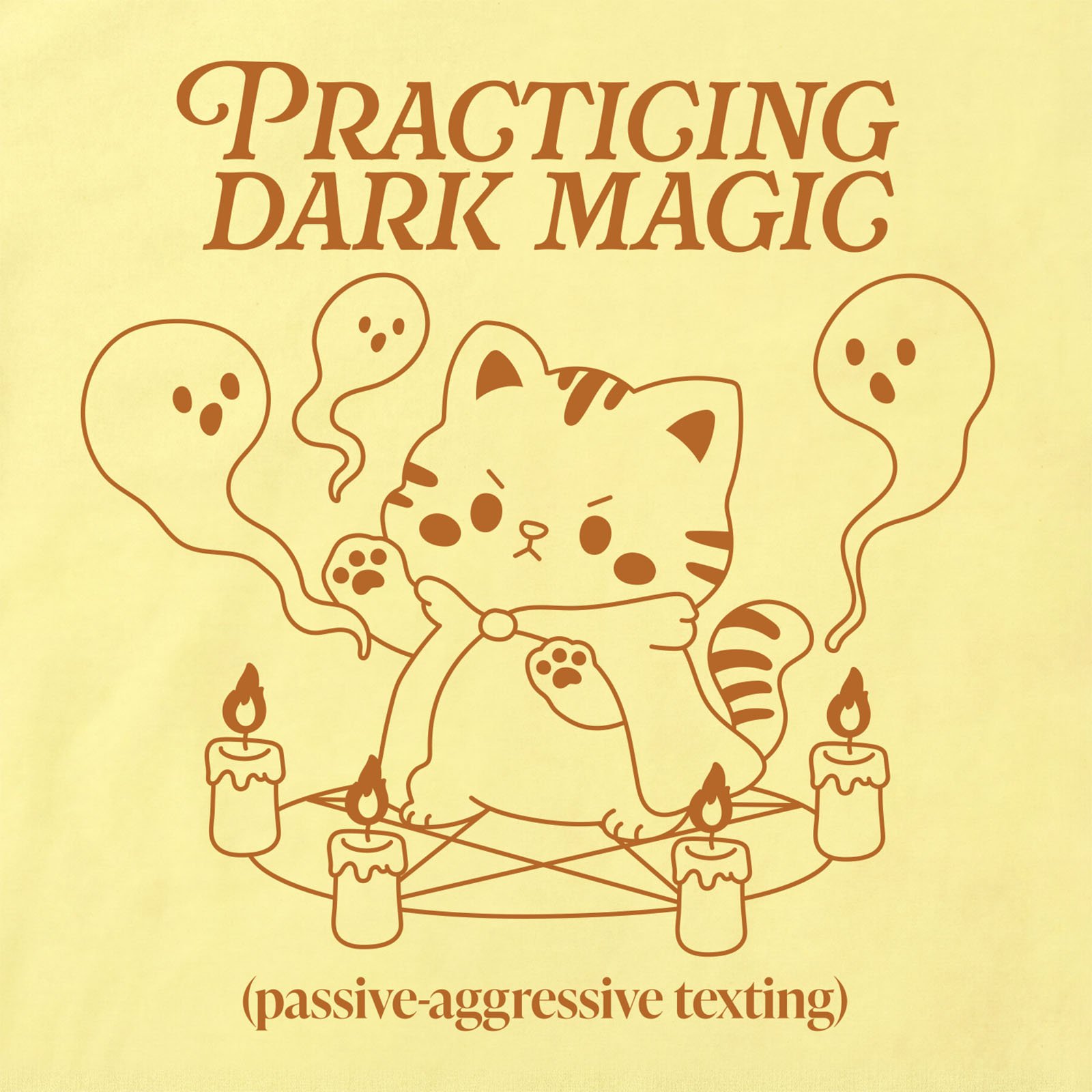 Practicing Dark Magic Cat T-Shirt print detail in Cornsilk