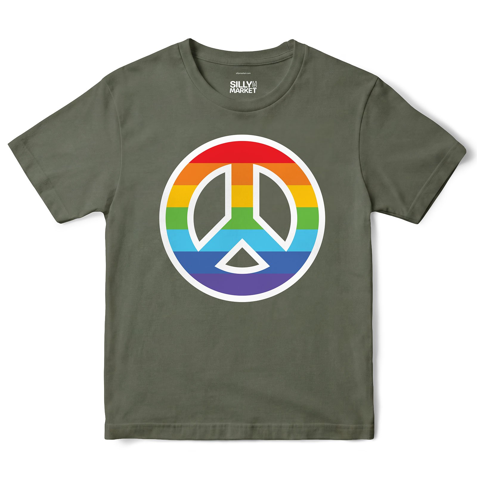 Rainbow Peace Sign T-Shirt in Military Green