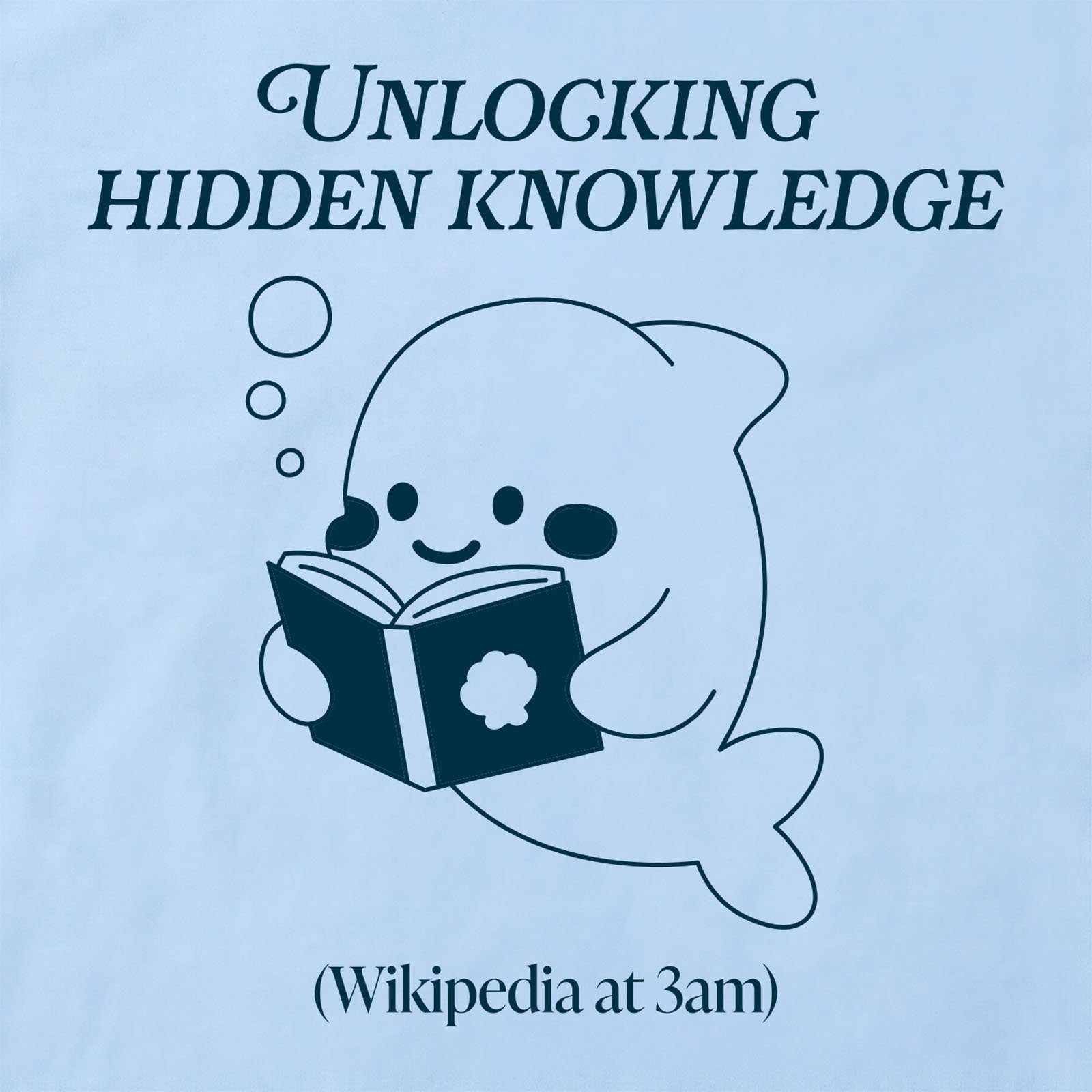 Unlocking Hidden Knowledge Dolphin T-Shirt print detail in Light Blue