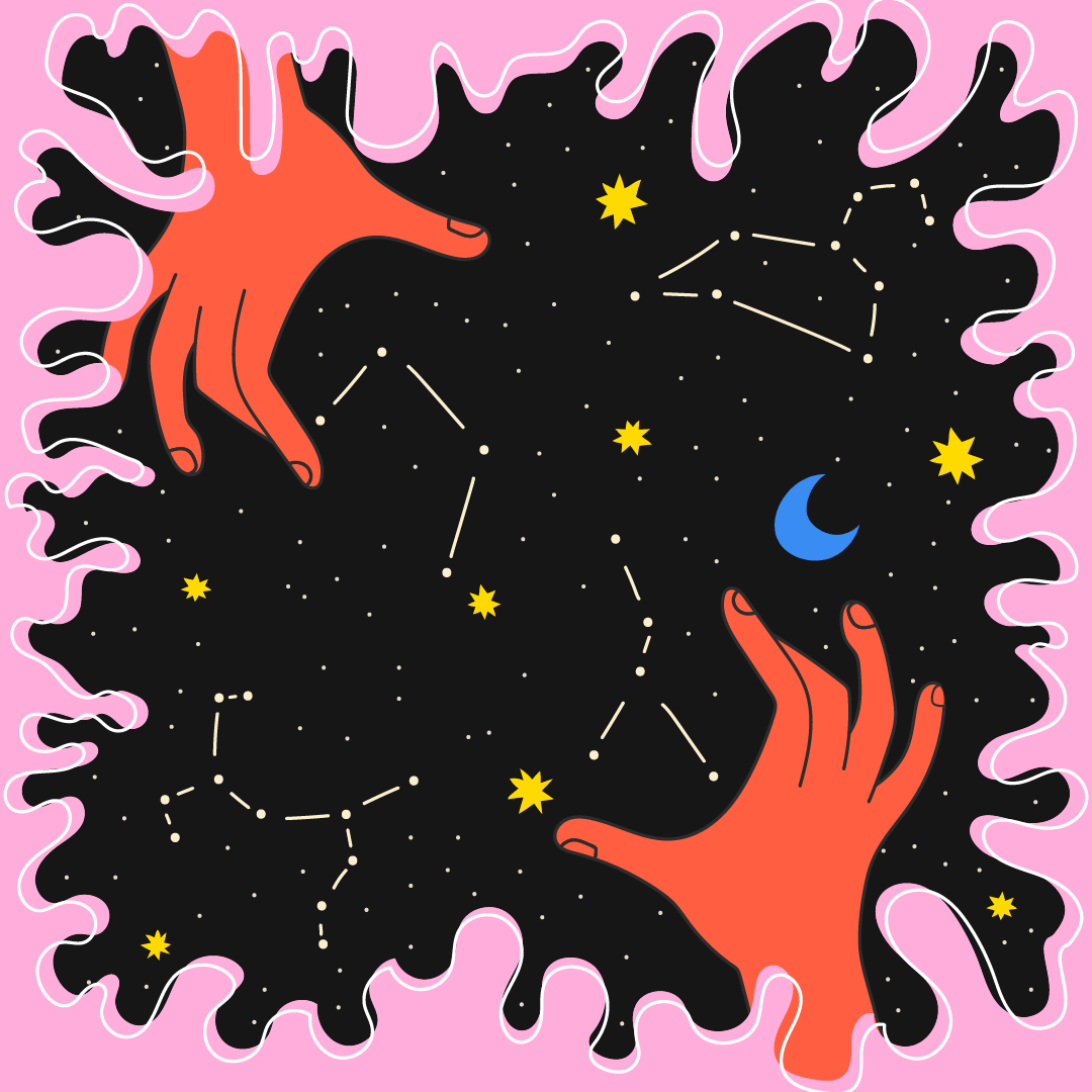 Illustrated night sky with constellations, stars and two reaching hands, framed in pink